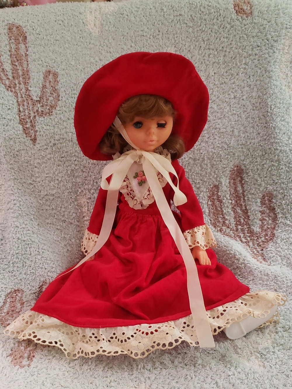 Source Unknown Red Doll with Bonnet and Lace Trim